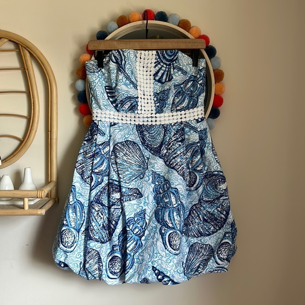 Y2K Lilly Pulitzer Regency True Blue Seashells Bubble Strapless Mini Dress